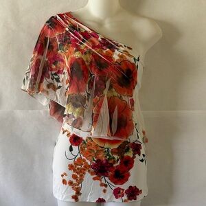 Y2K Forever 21 One-Shoulder Floral Top Sz S Draped Chiffon Overlay Indie Sleaze